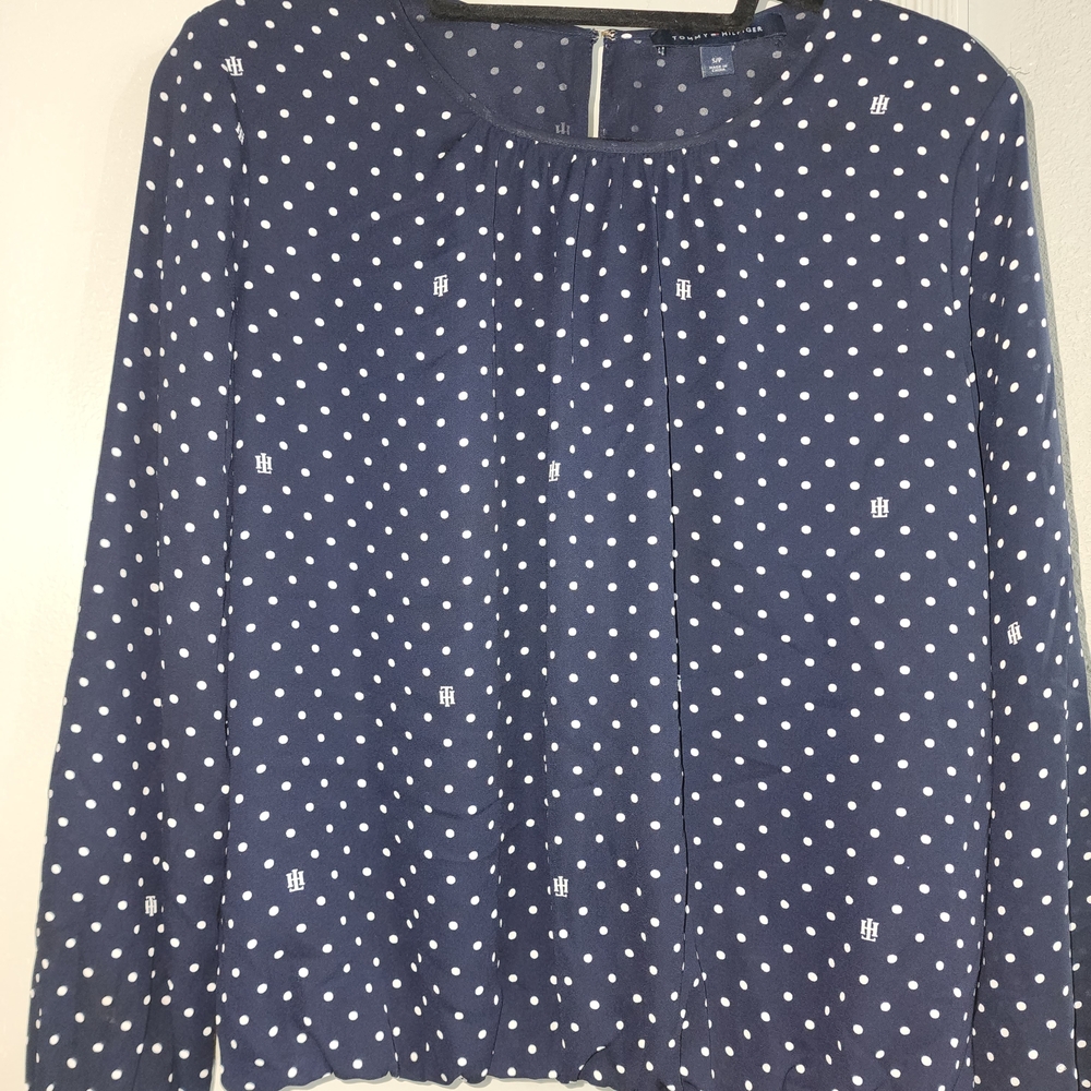 Tommy Hilfiger Navy Polka Dot Long Sleeve Blouse